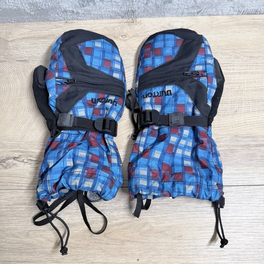 Burton Ski Mittens Size‎ L Blue Plaid Winter Snow Gloves Adjustable Strap Warmth